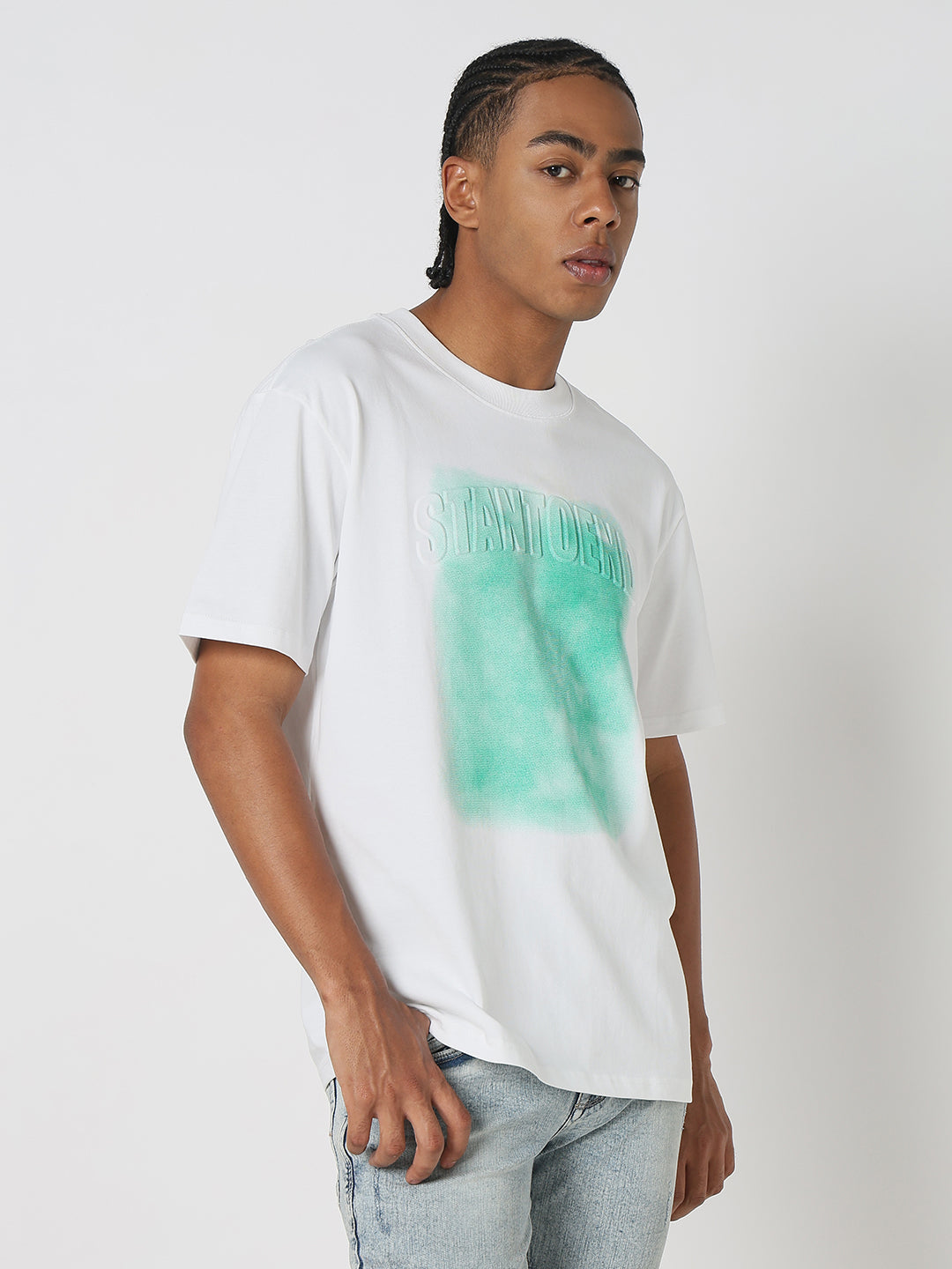 Men White & Green Vintage Wash T-Shirt