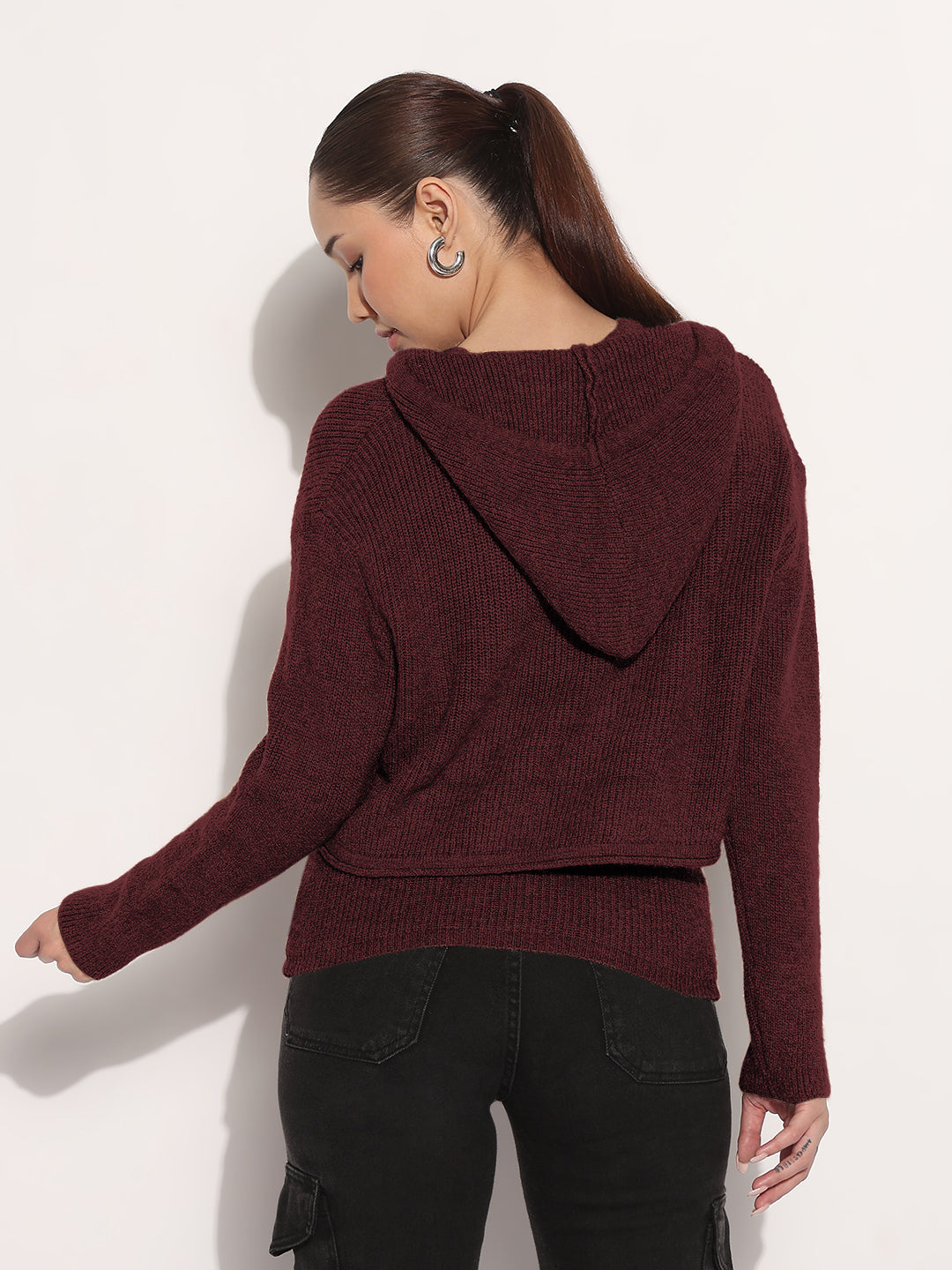 Women's Knitted Burgundy Layered Tank Top with Hooded Sweater