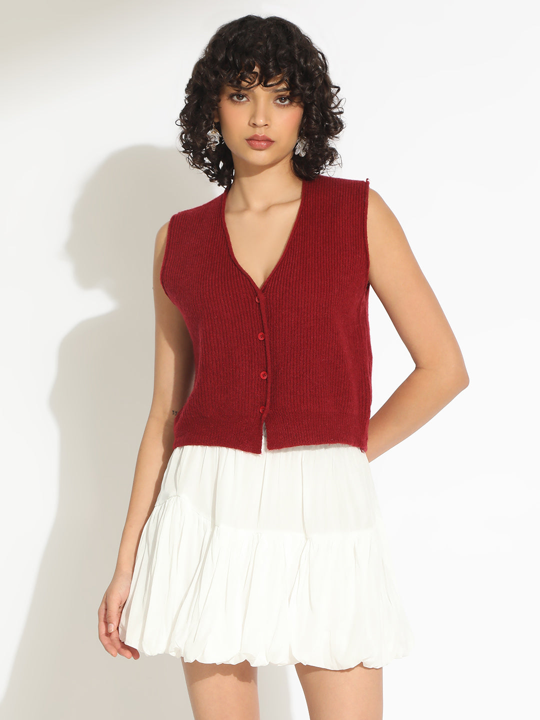 Women's Red Ribbed Vest Top