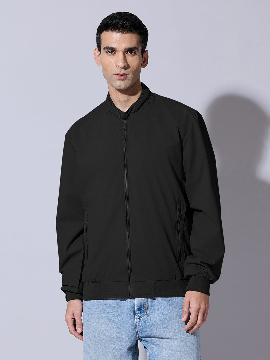 Men's Black Zip-Up Bomber Jacket with Ribbed Hem