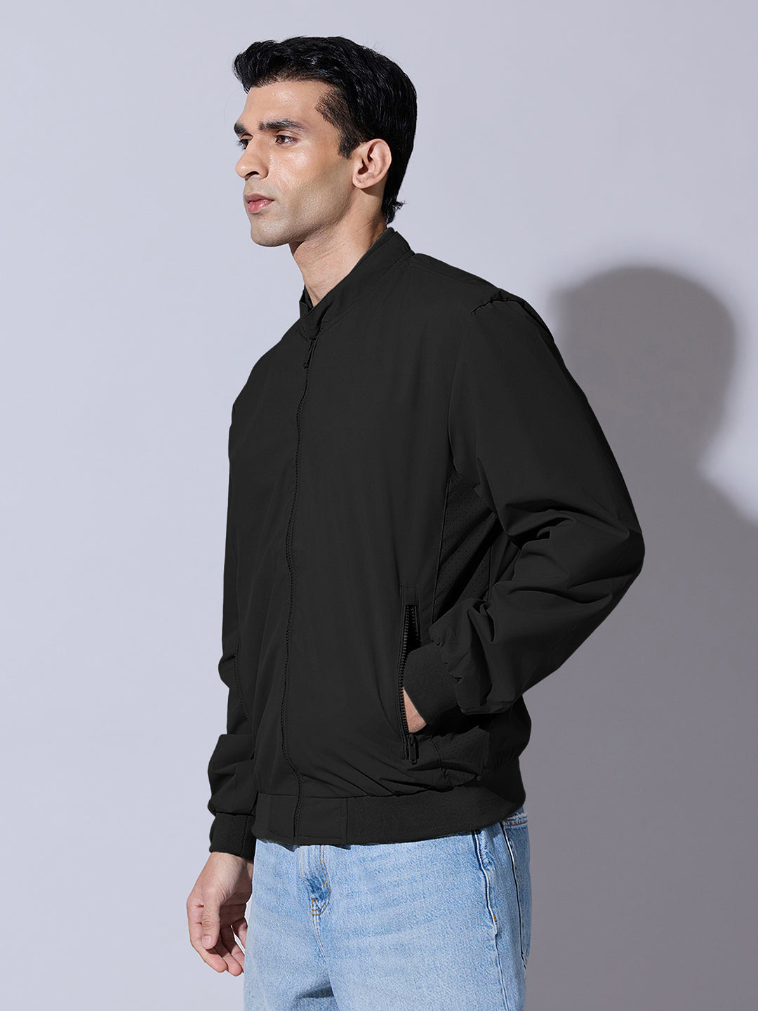 Men's Black Zip-Up Bomber Jacket with Ribbed Hem