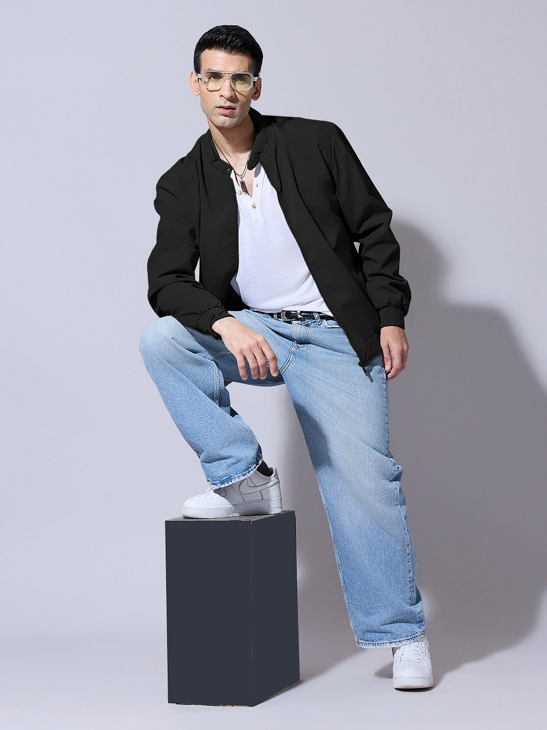 Men's Black Zip-Up Bomber Jacket with Ribbed Hem