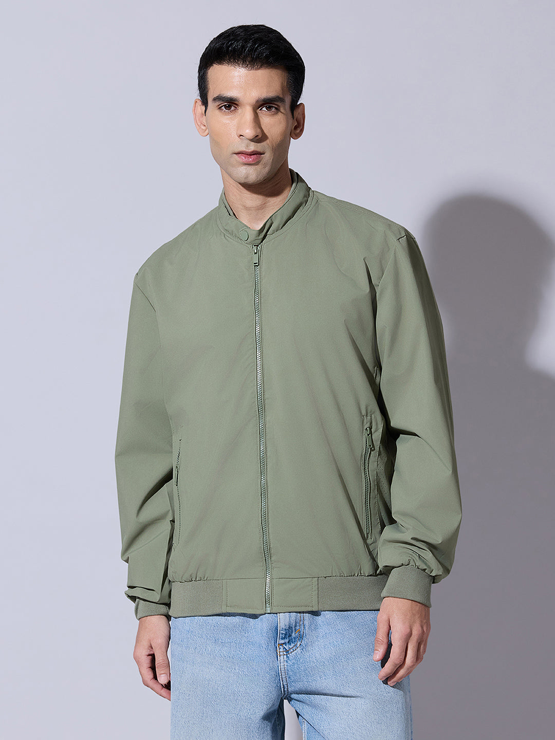 Men's Green Zip-Up Bomber Jacket with Ribbed Hem