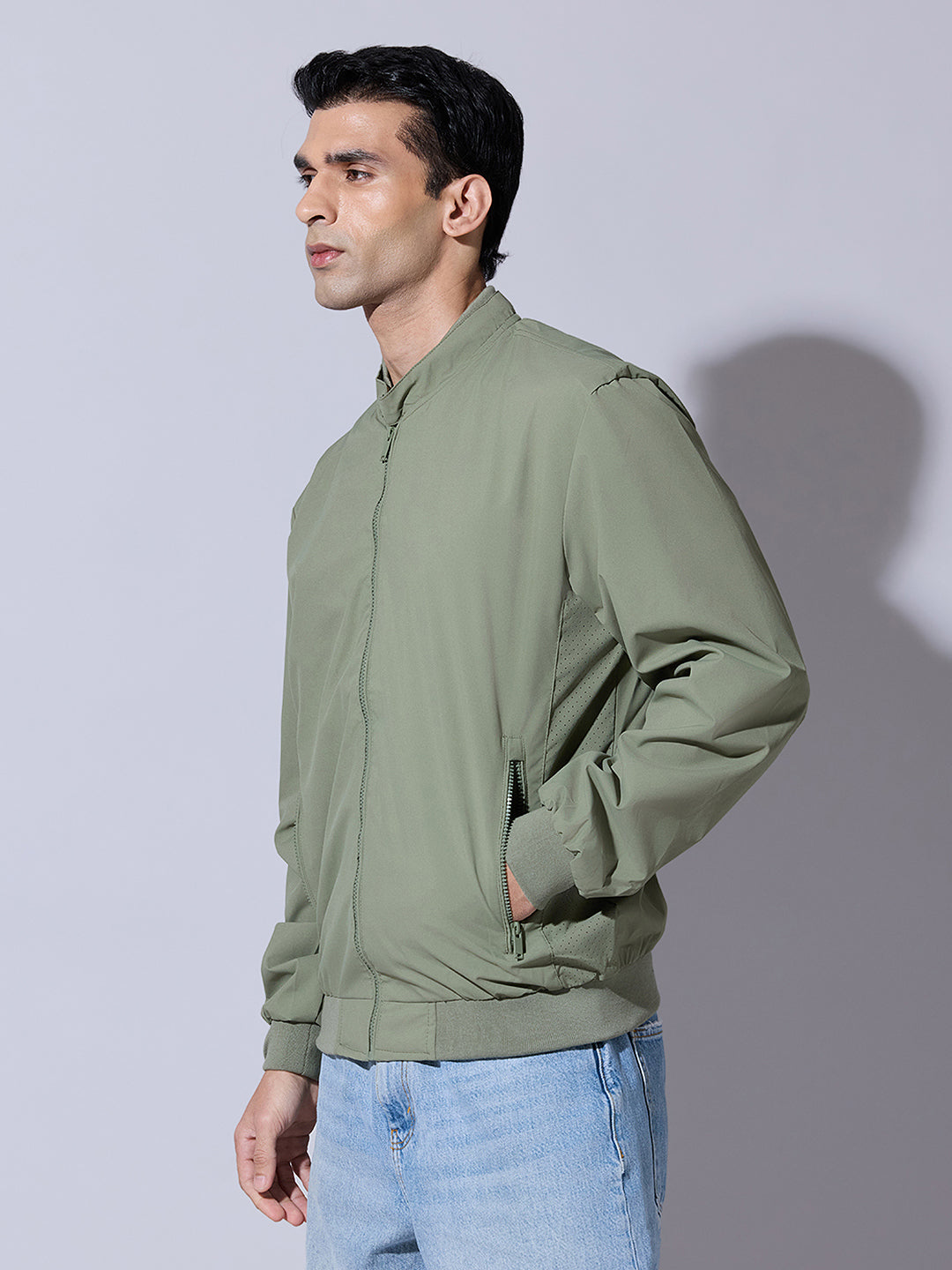 Men's Green Zip-Up Bomber Jacket with Ribbed Hem