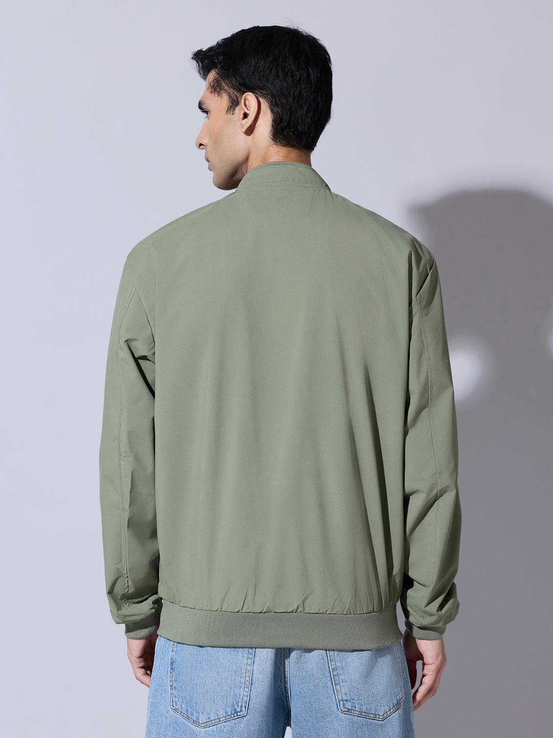 Men's Green Zip-Up Bomber Jacket with Ribbed Hem