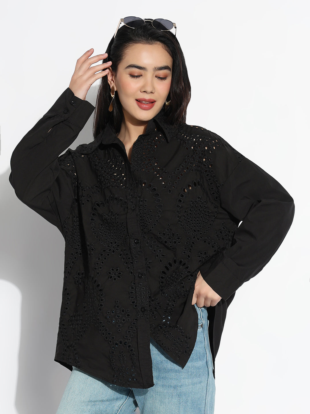 Women Oversized Black Solid Self Design Schiffli Shirt