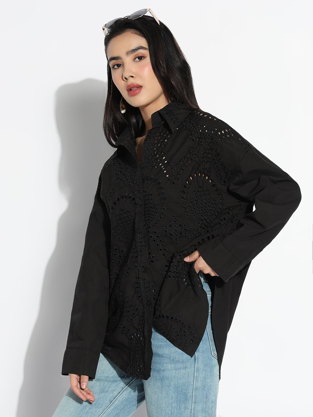 Women Oversized Black Solid Self Design Schiffli Shirt