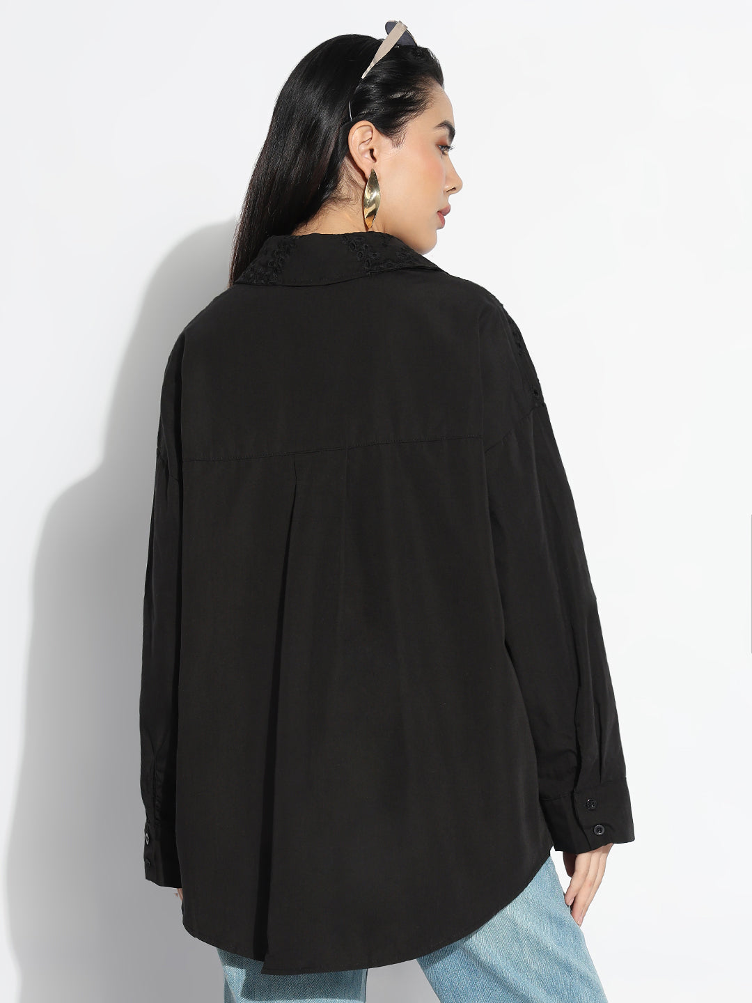 Women Oversized Black Solid Self Design Schiffli Shirt