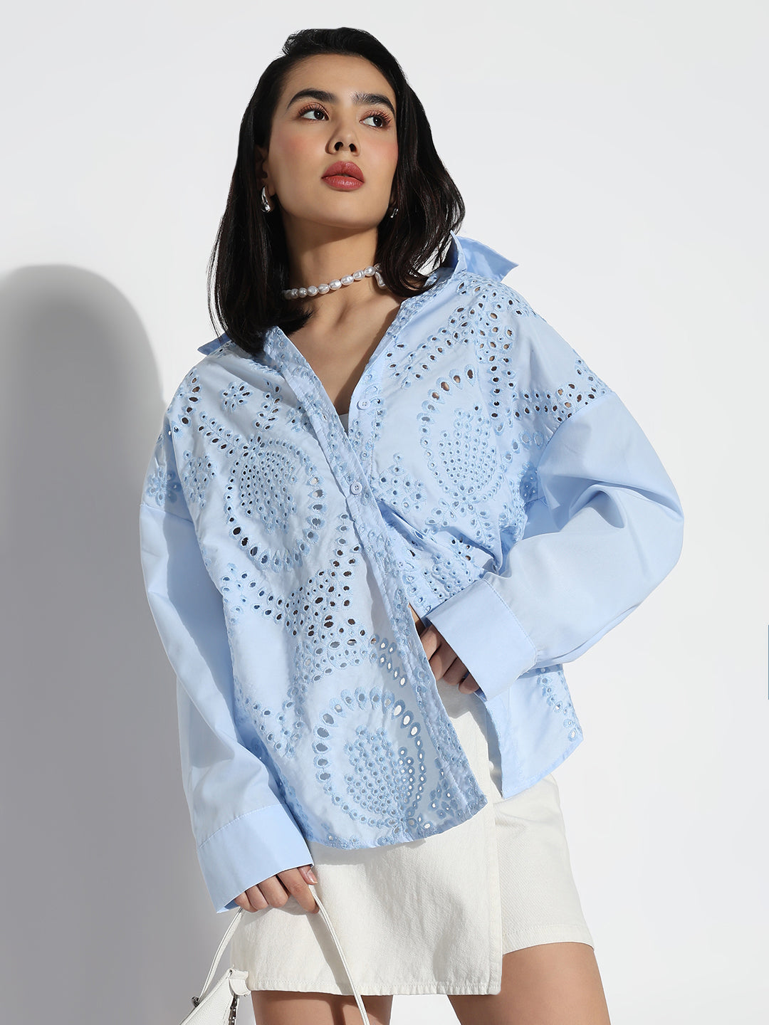 Women Oversized Blue Solid Self Design Schiffli Shirt