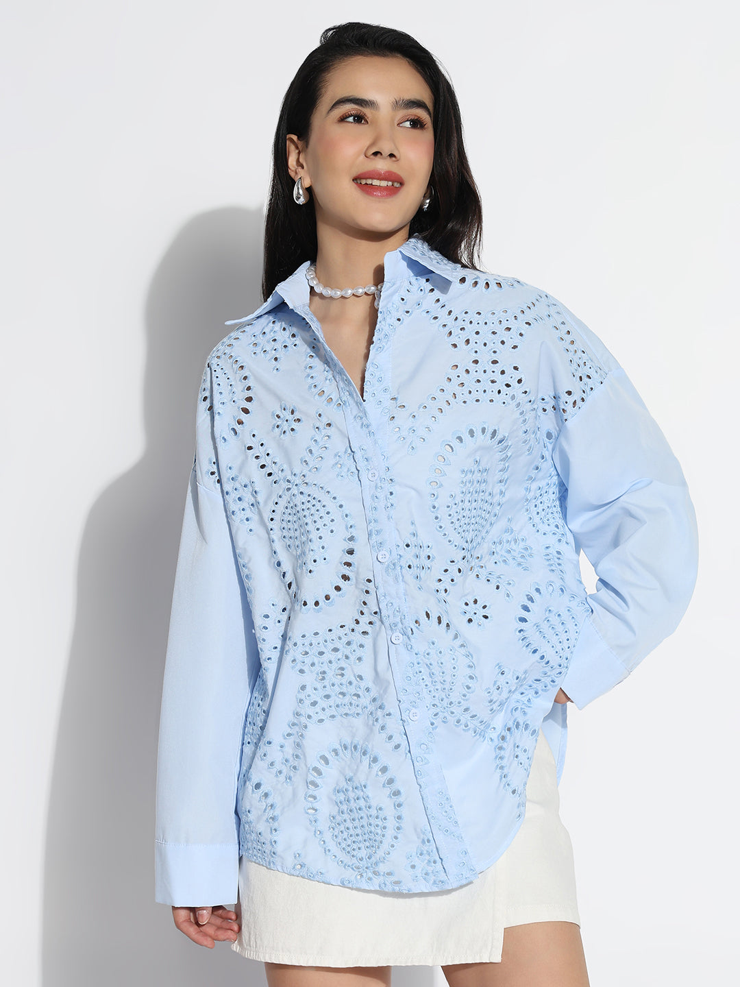 Women Oversized Blue Solid Self Design Schiffli Shirt