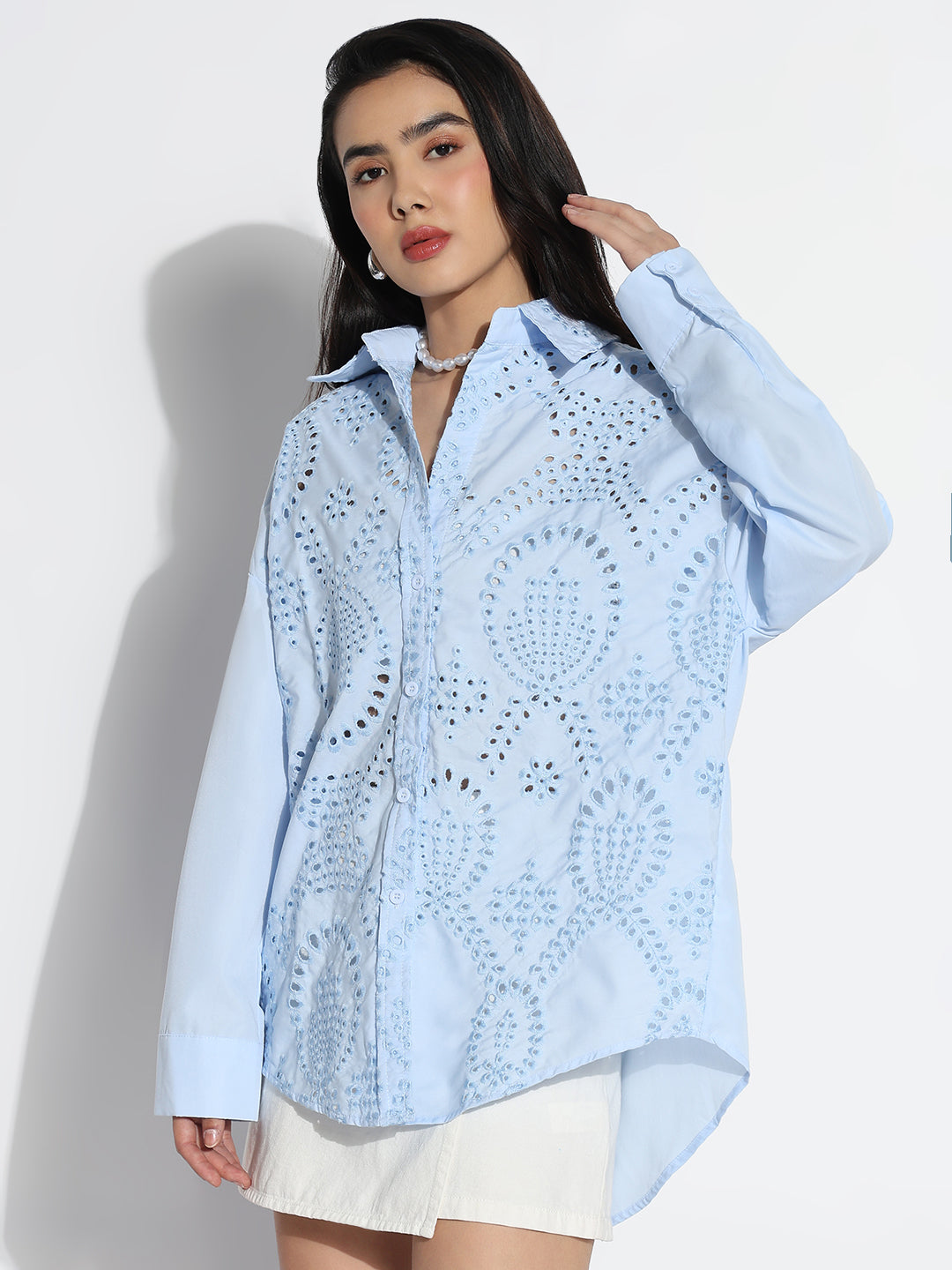 Women Oversized Blue Solid Self Design Schiffli Shirt