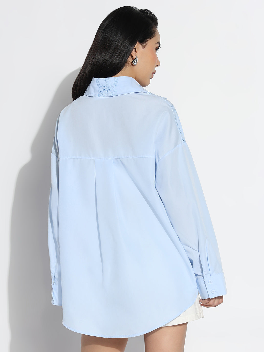 Women Oversized Blue Solid Self Design Schiffli Shirt