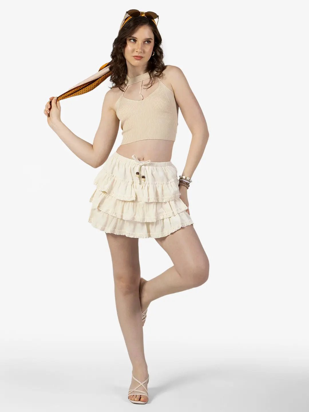 Women's Tiered Cream Ruffle Mini Skort