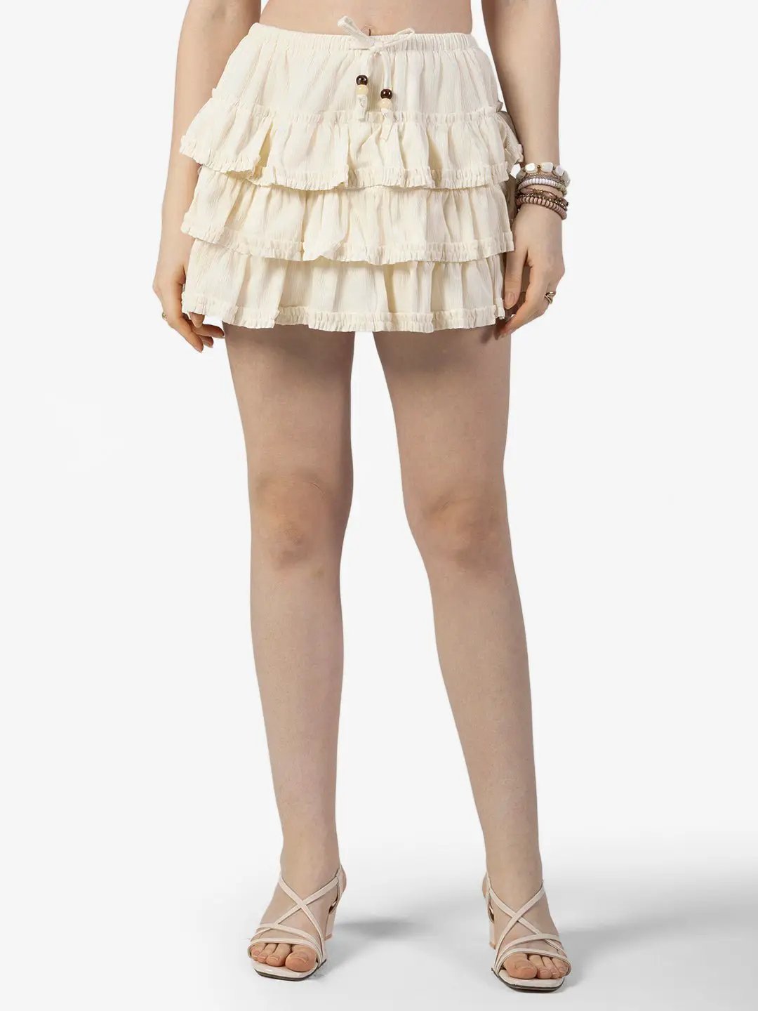 Women's Tiered Cream Ruffle Mini Skort