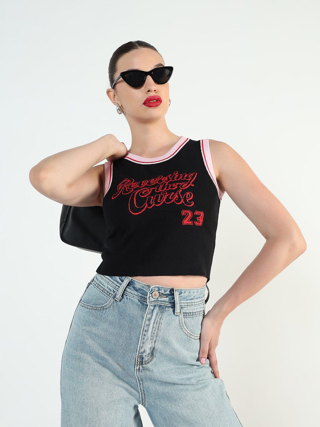 Women's Ribbed Typography Black Crop Top