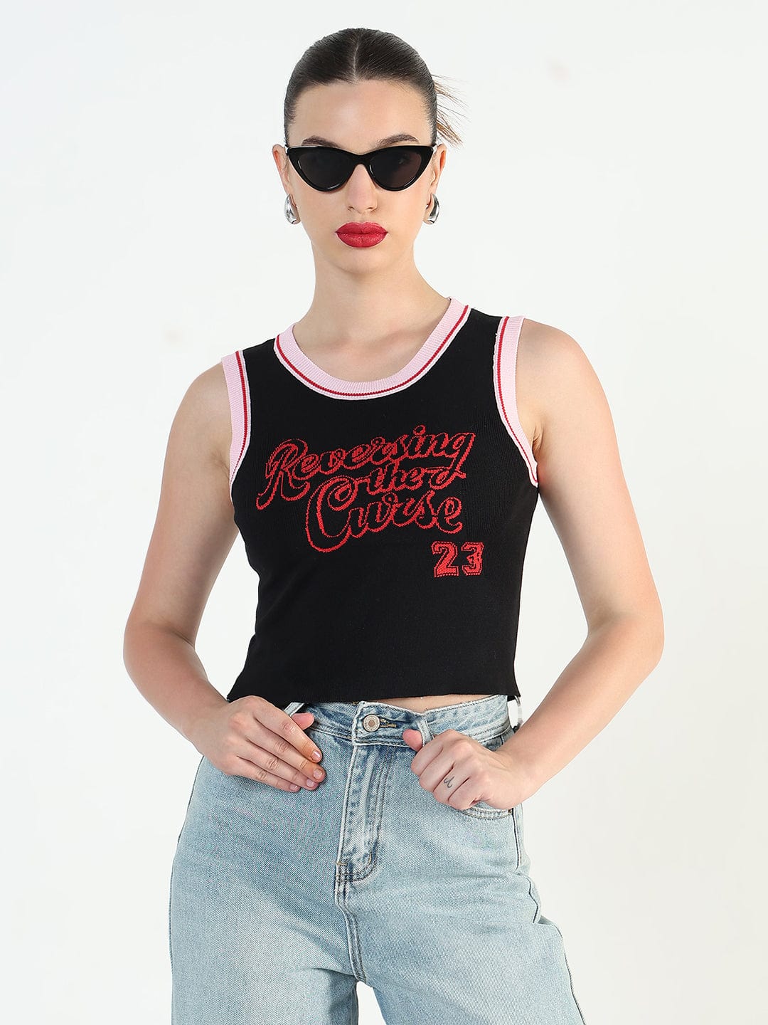 Women's Ribbed Typography Black Crop Top