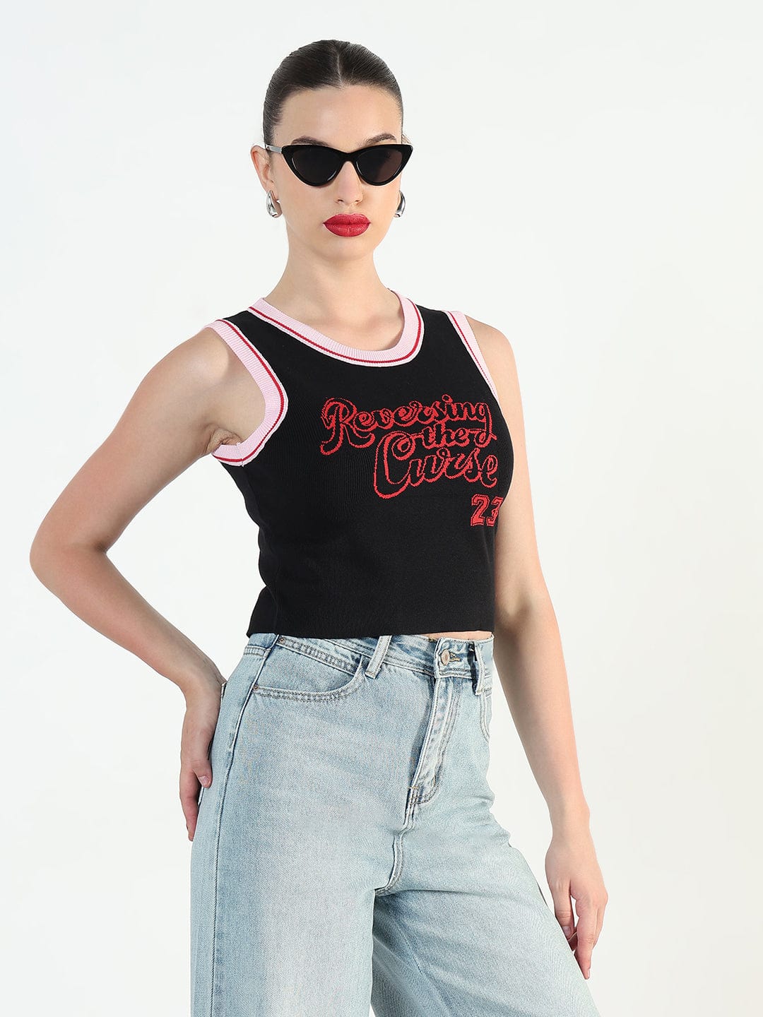 Women's Ribbed Typography Black Crop Top