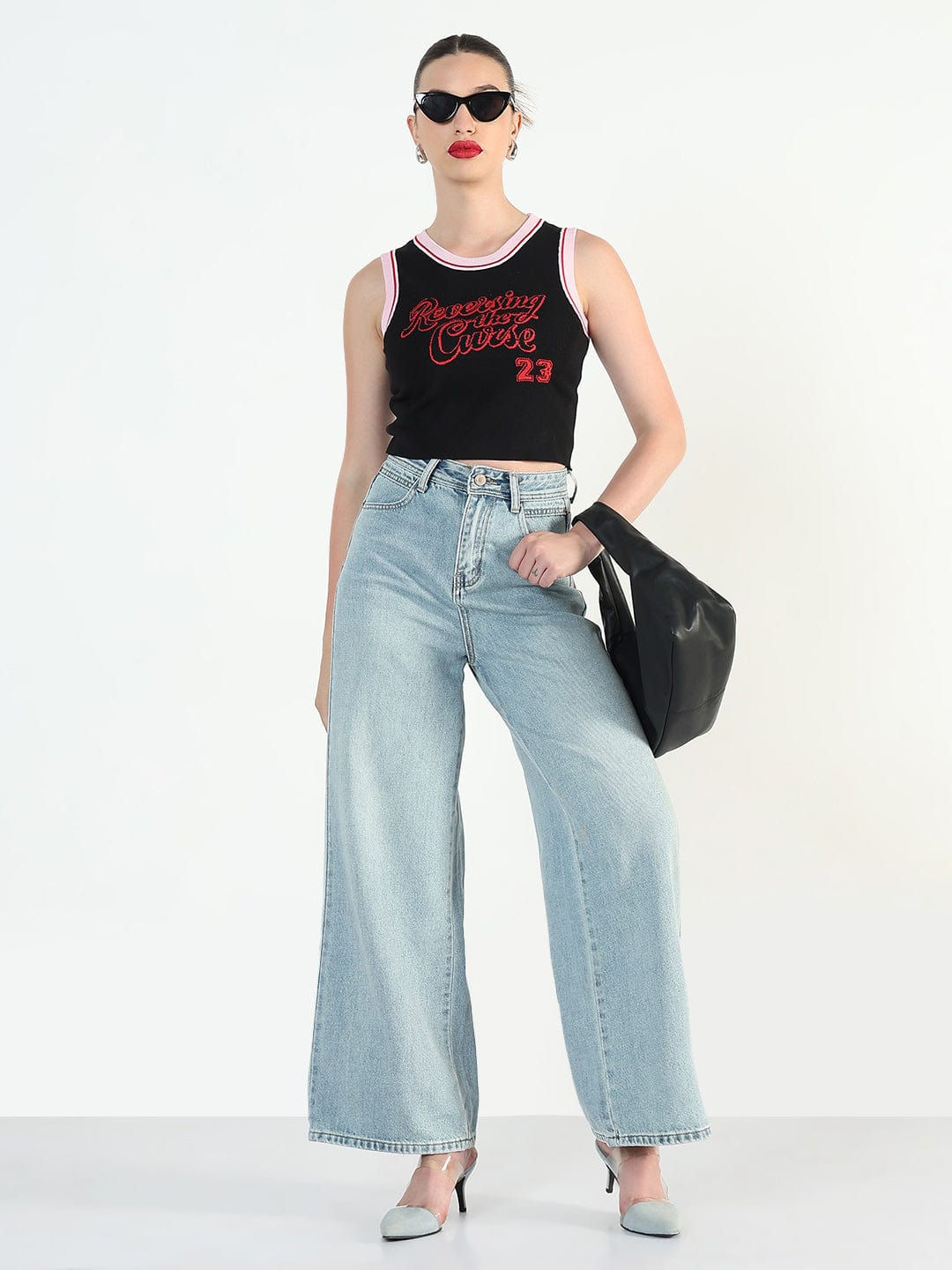 Women's Ribbed Typography Black Crop Top