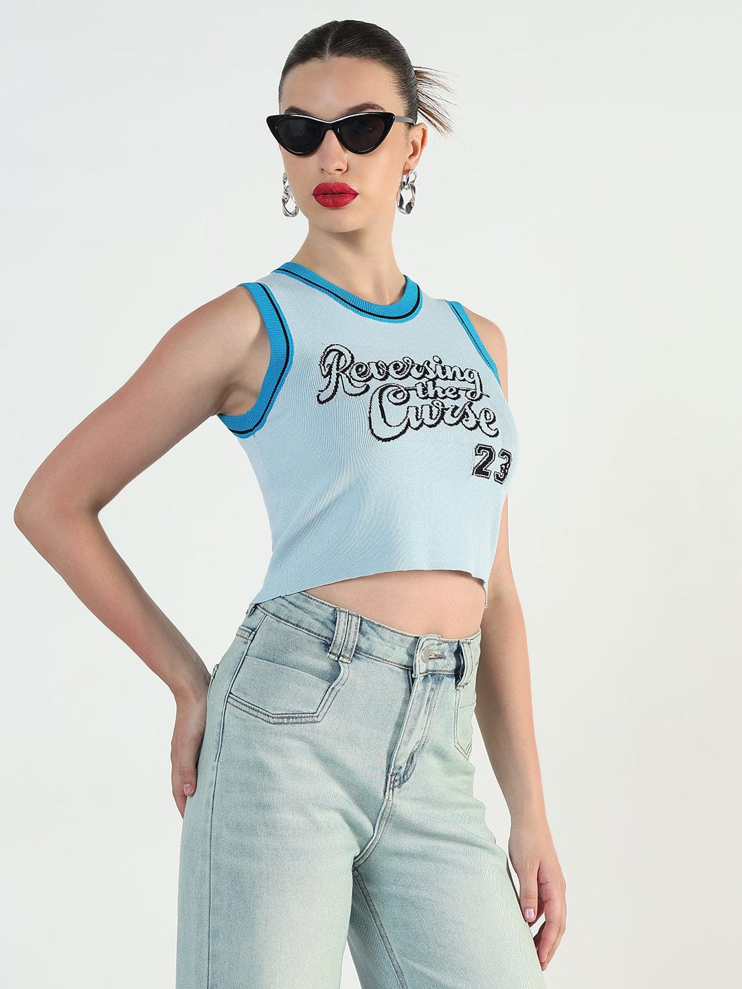 Women's Ribbed Typography Blue Crop Top