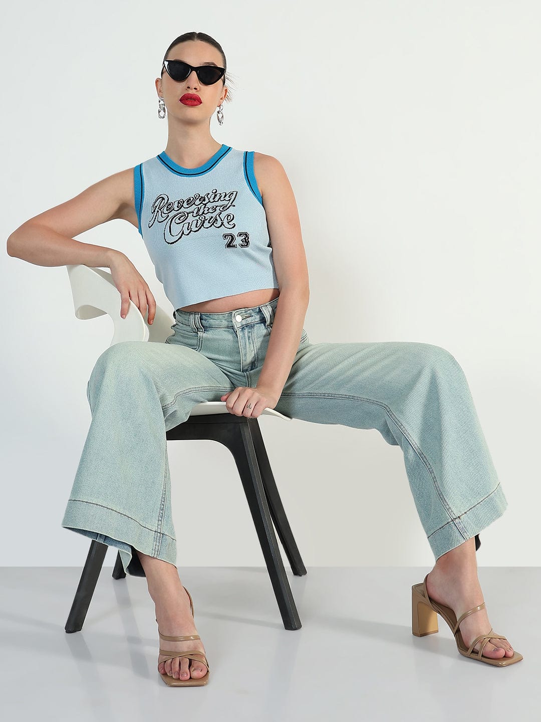 Women's Ribbed Typography Blue Crop Top