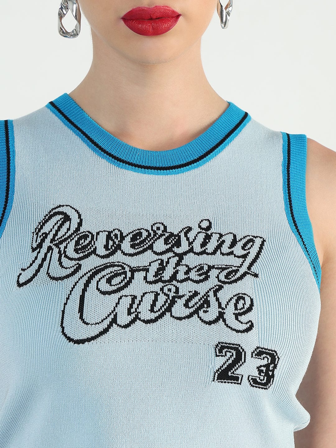 Women's Ribbed Typography Blue Crop Top