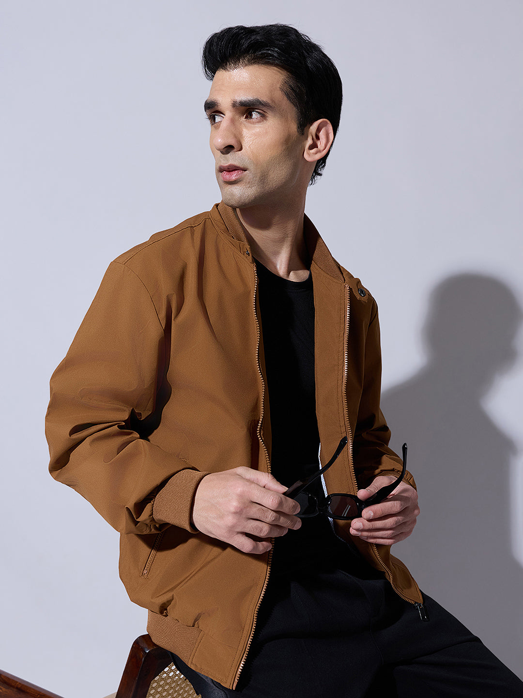 Men's Brown Zip-Up Bomber Jacket with Ribbed Hem