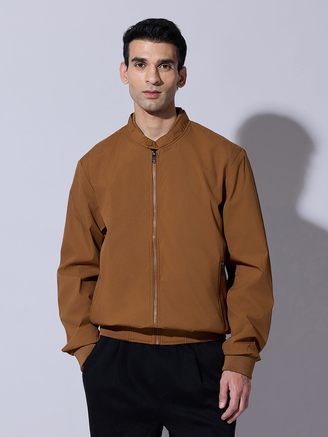 Men's Brown Zip-Up Bomber Jacket with Ribbed Hem