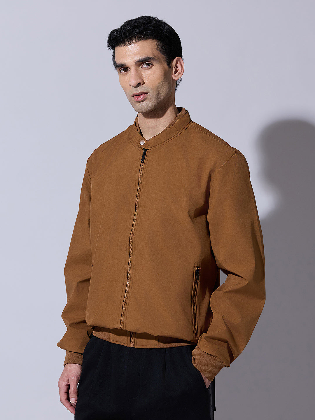 Men's Brown Zip-Up Bomber Jacket with Ribbed Hem