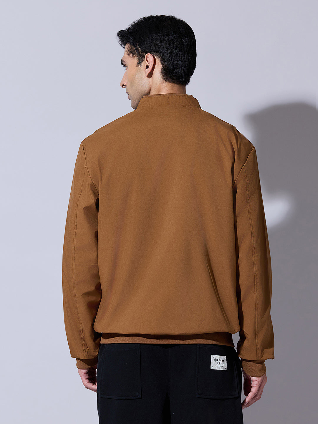 Men's Brown Zip-Up Bomber Jacket with Ribbed Hem