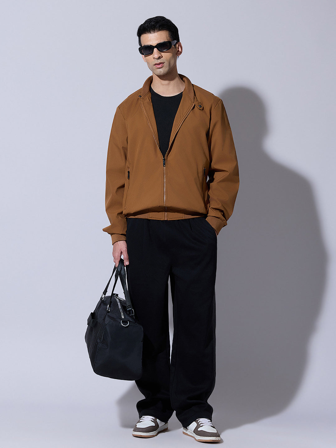 Men's Brown Zip-Up Bomber Jacket with Ribbed Hem