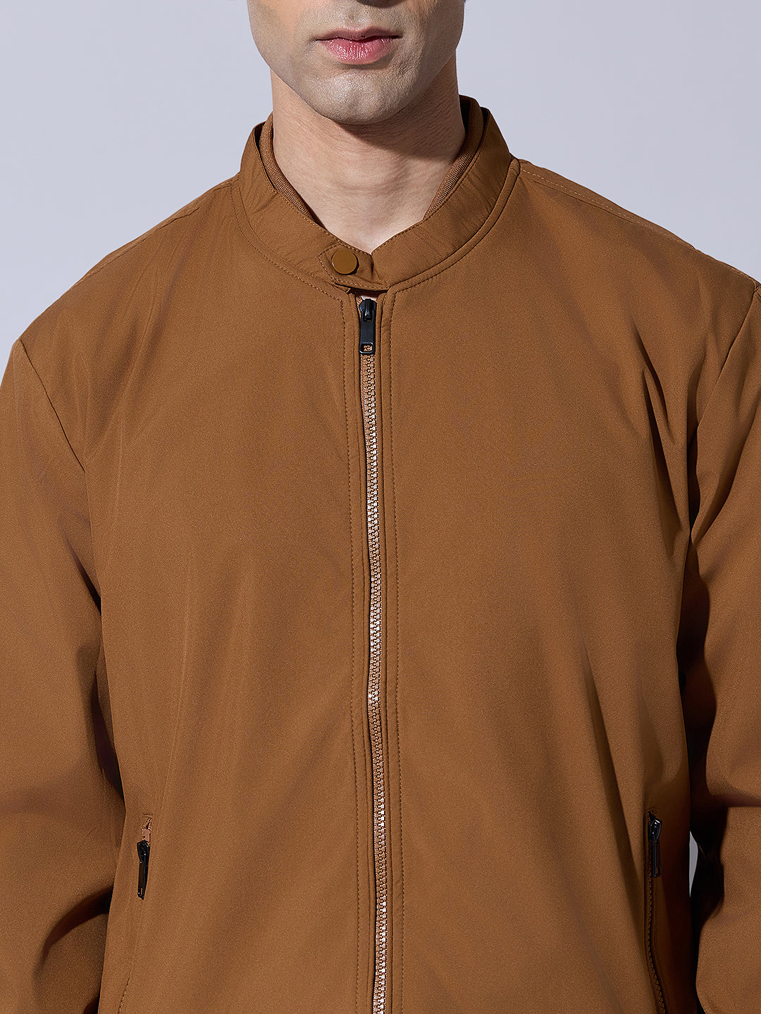Men's Brown Zip-Up Bomber Jacket with Ribbed Hem