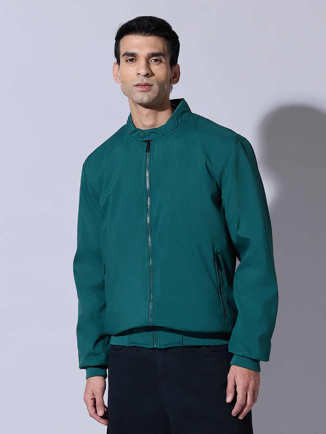 Men's Green Zip-Up Bomber Jacket with Ribbed Hem