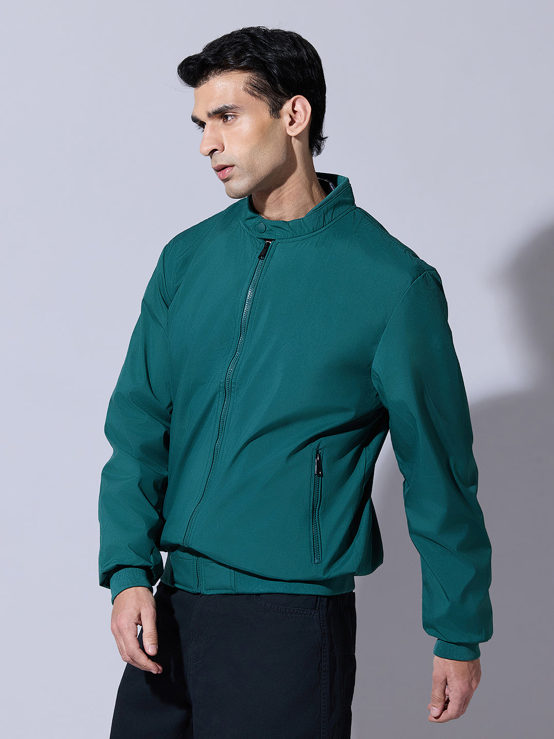 Men's Green Zip-Up Bomber Jacket with Ribbed Hem