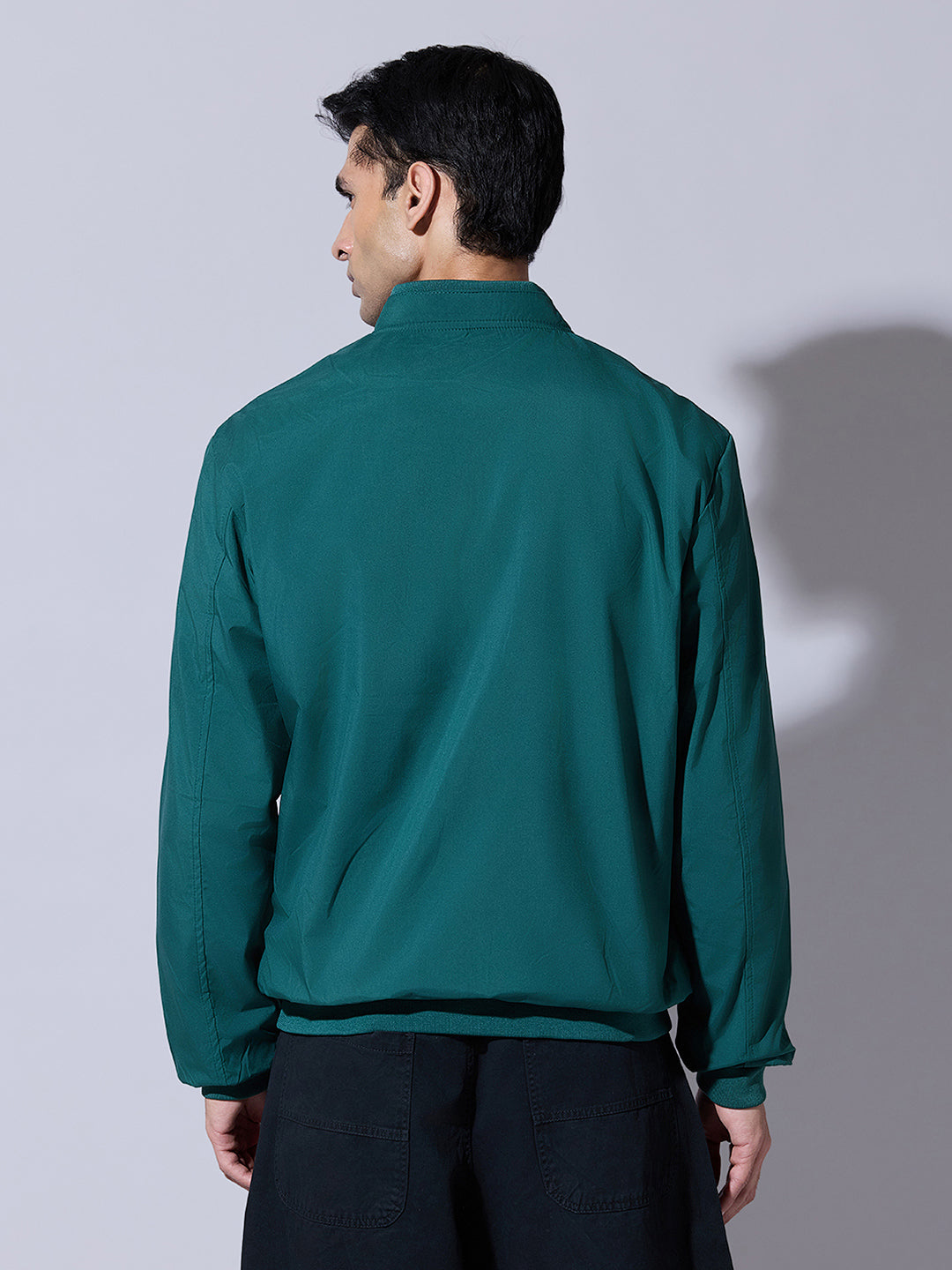 Men's Green Zip-Up Bomber Jacket with Ribbed Hem