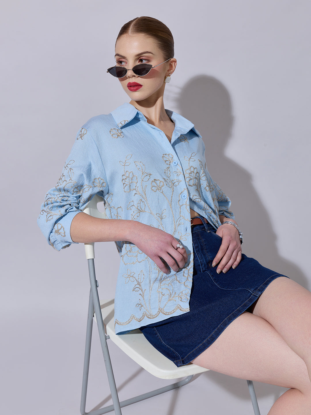 Women's Floral Embroidered Blue Long Sleeve Shirt