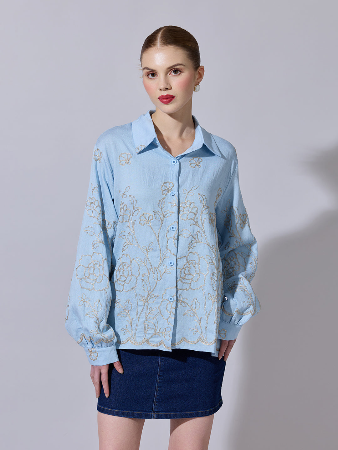 Women's Floral Embroidered Blue Long Sleeve Shirt