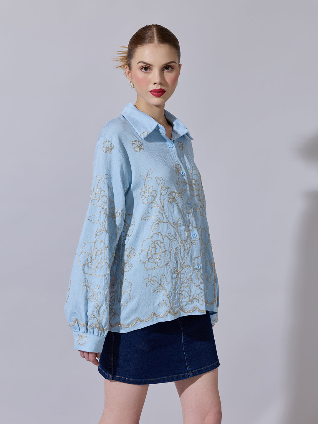 Women's Floral Embroidered Blue Long Sleeve Shirt