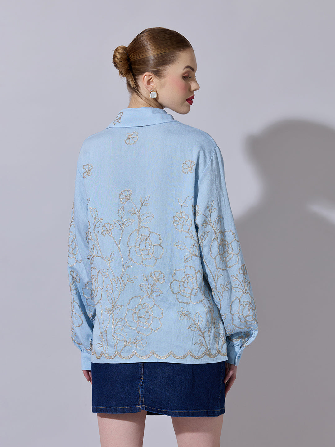 Women's Floral Embroidered Blue Long Sleeve Shirt