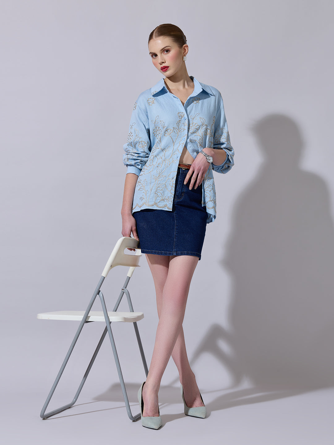 Women's Floral Embroidered Blue Long Sleeve Shirt