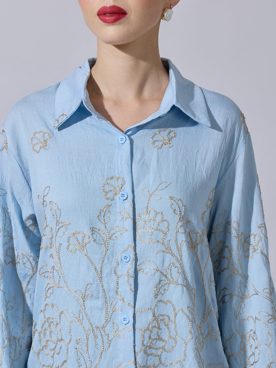 Women's Floral Embroidered Blue Long Sleeve Shirt