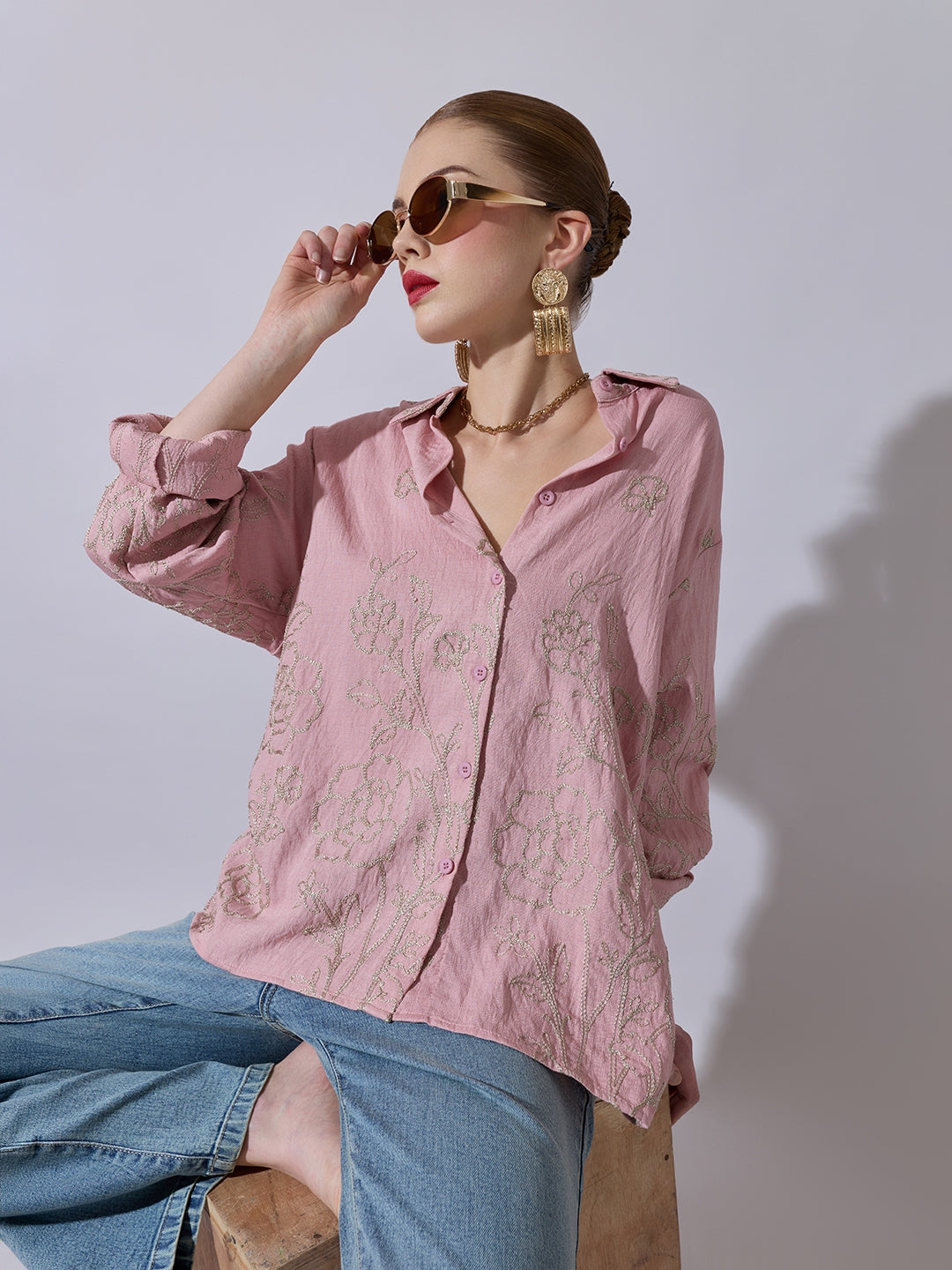 Women's Floral Embroidered Pink Long Sleeve Shirt