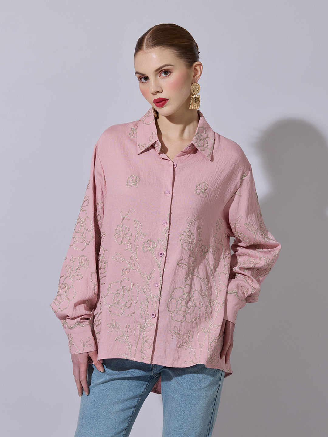 Women's Floral Embroidered Pink Long Sleeve Shirt