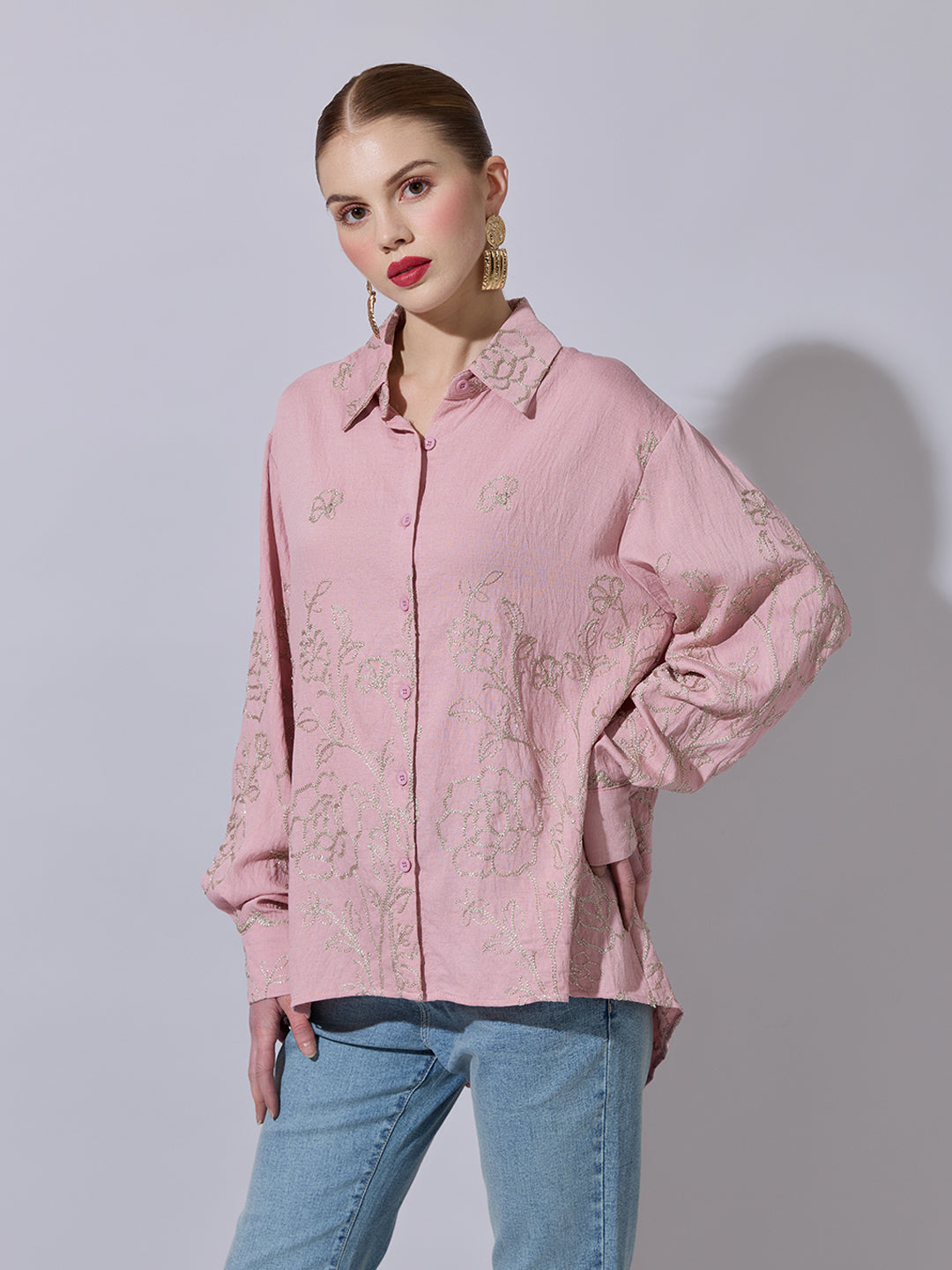 Women's Floral Embroidered Pink Long Sleeve Shirt
