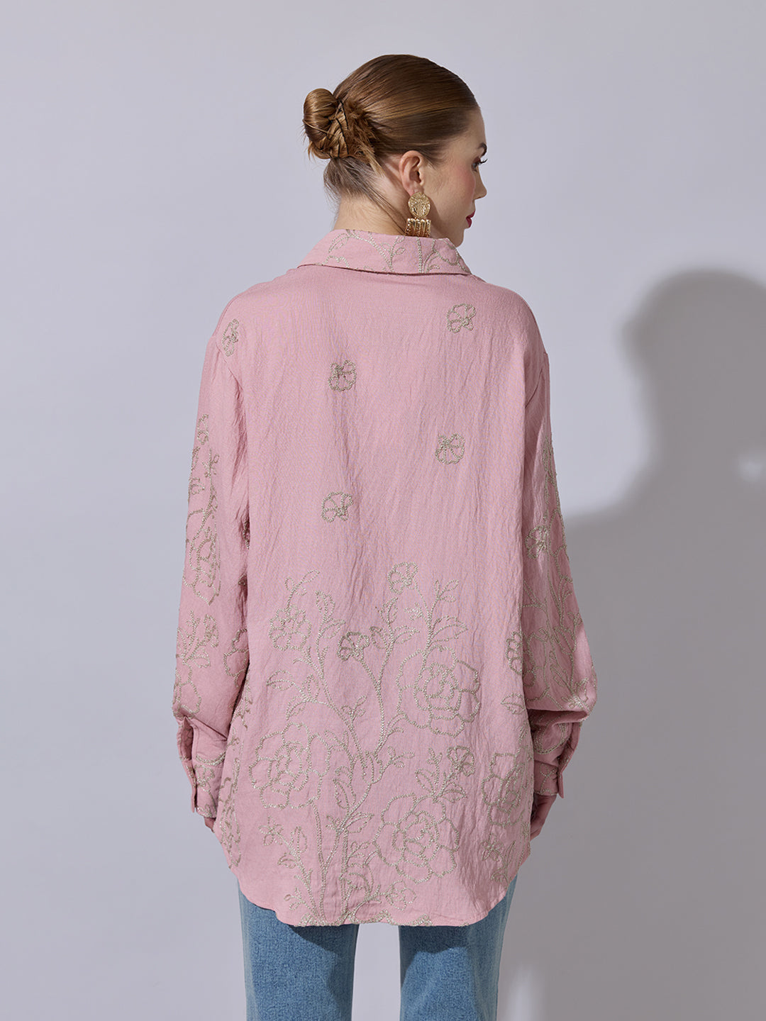 Women's Floral Embroidered Pink Long Sleeve Shirt