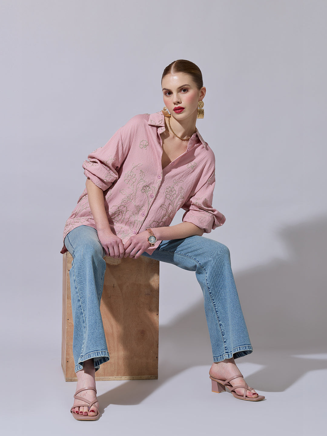 Women's Floral Embroidered Pink Long Sleeve Shirt