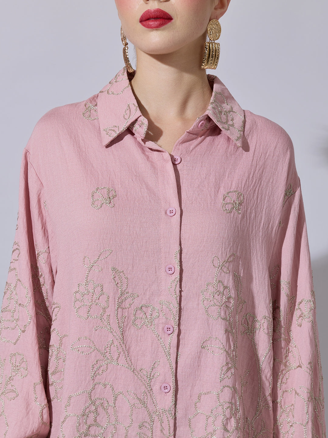 Women's Floral Embroidered Pink Long Sleeve Shirt