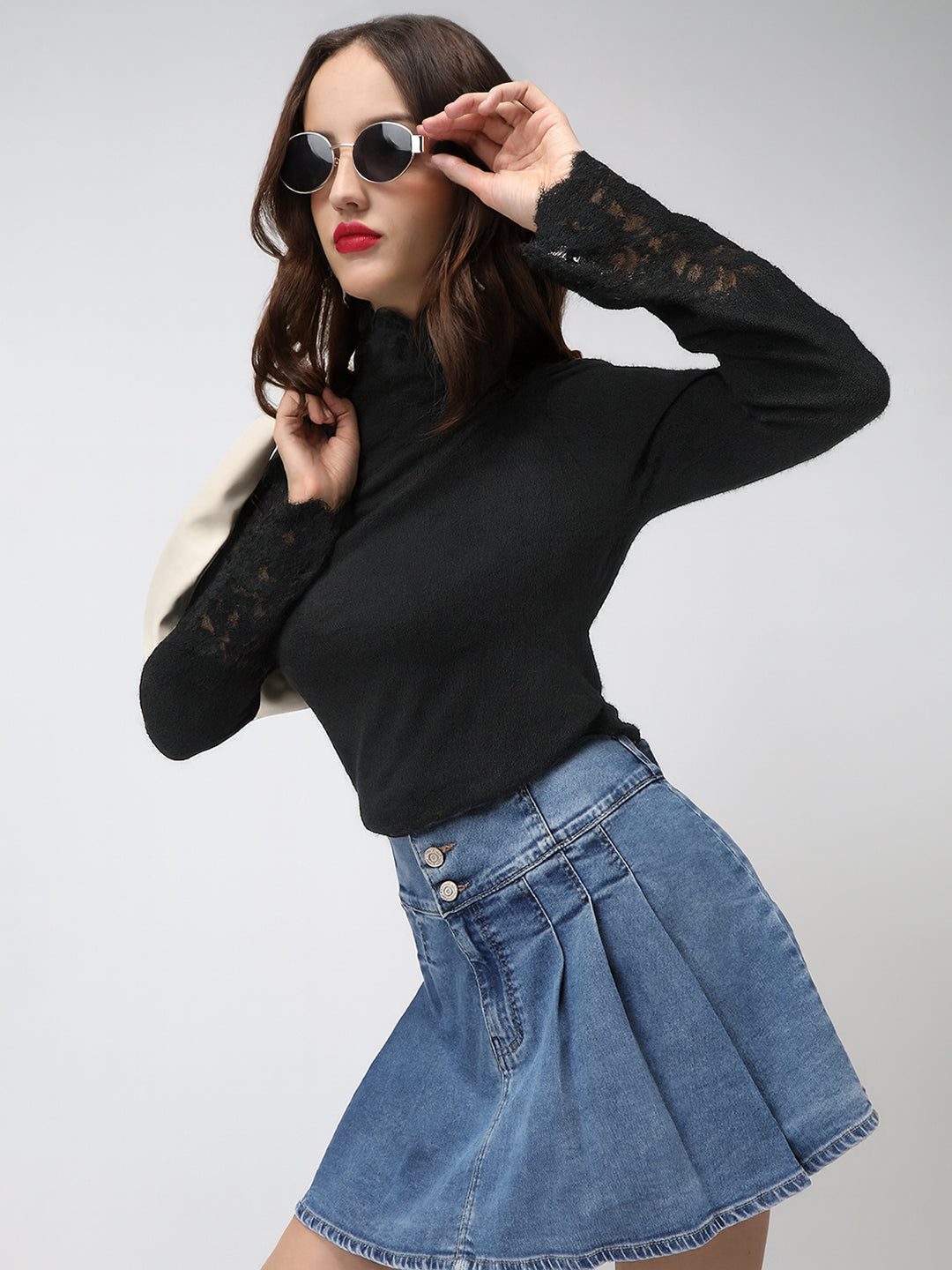 Women's Textured Black Long Sleeve Top with Lace Trim Details