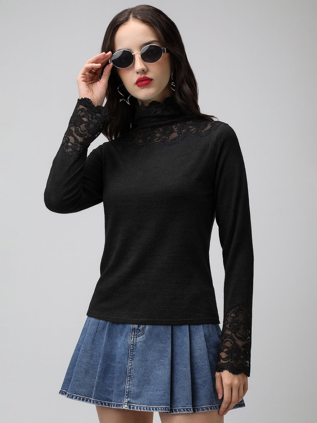 Women's Textured Black Long Sleeve Top with Lace Trim Details
