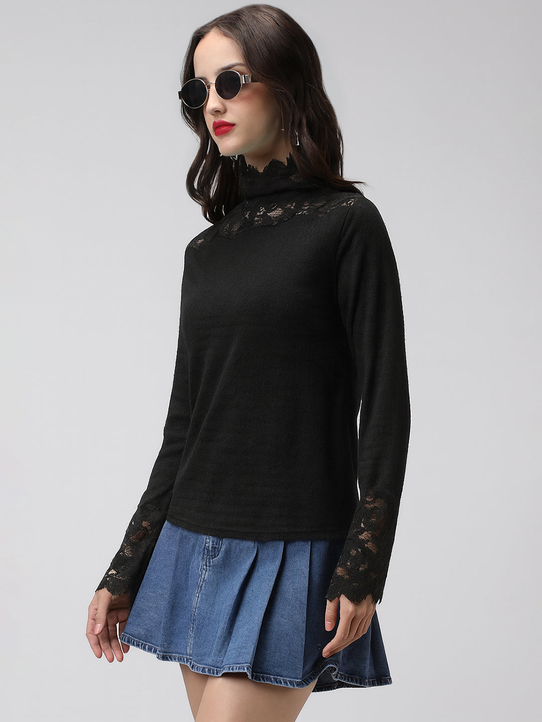 Women's Textured Black Long Sleeve Top with Lace Trim Details