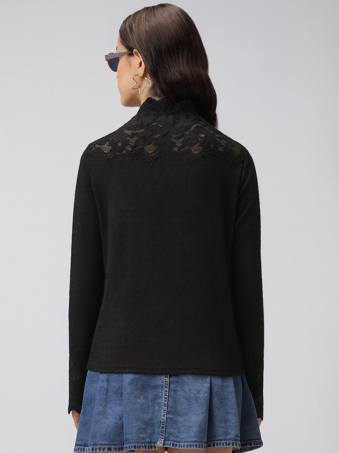 Women's Textured Black Long Sleeve Top with Lace Trim Details